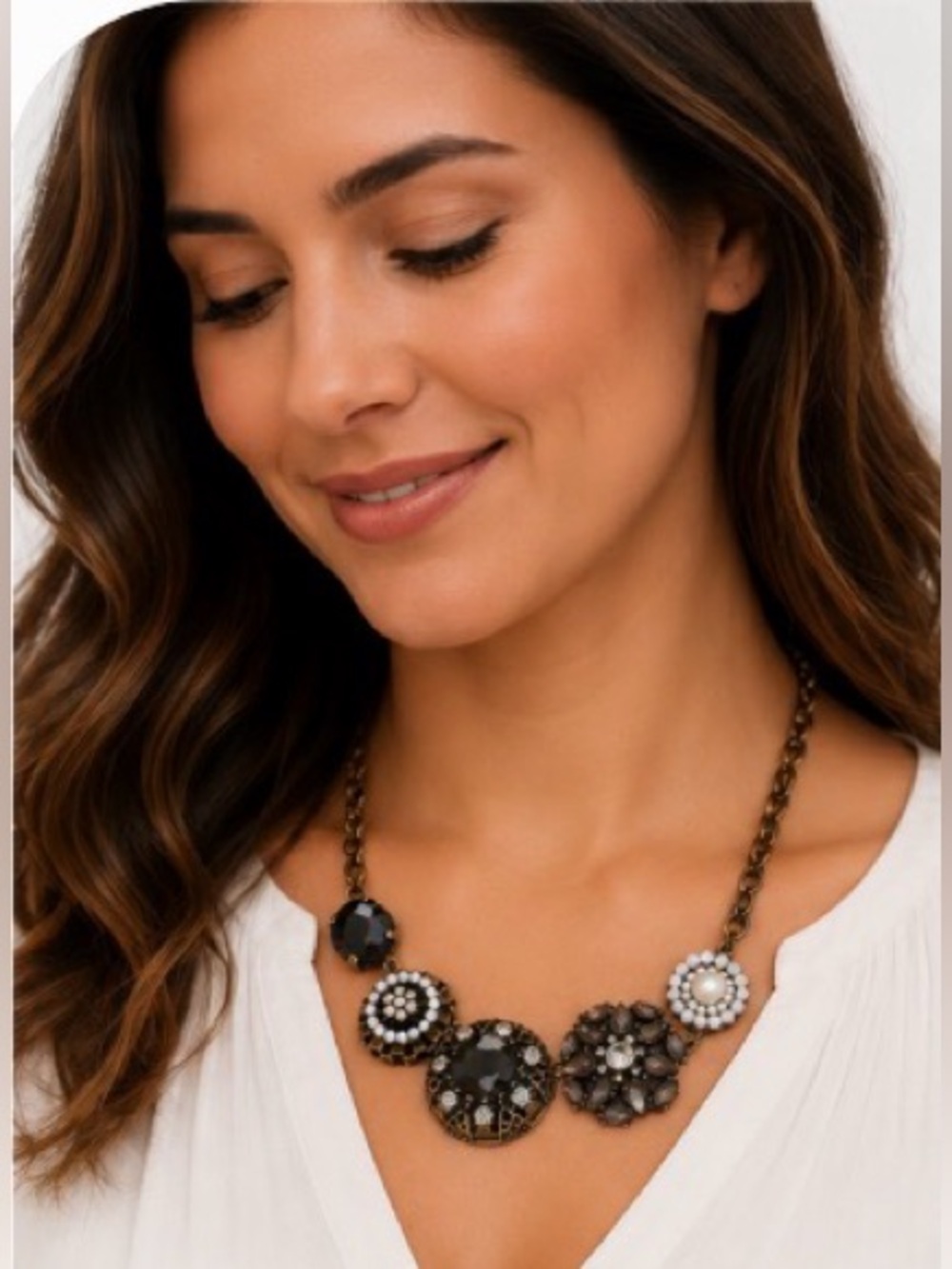 Lia Sophia Statement Necklace Antique Gold Pearl Crystal Smoky Gray 17” - Picture 2 of 7